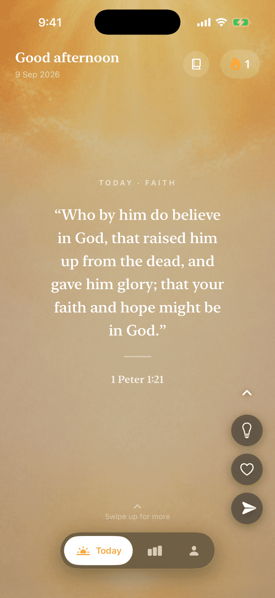 Verse showing today's chosen scripture over a living sunrise sky